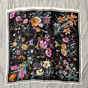 Black Floral Square Silk Scarf, like new